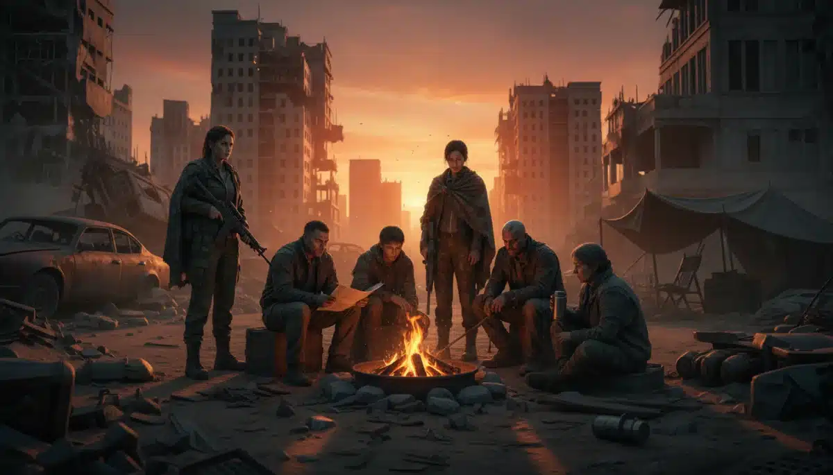 Survivors gather around a fire in a post-apocalyptic setting, illustrating human resilience.