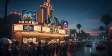 Retro movie marquee with classic genres, diverse audience
