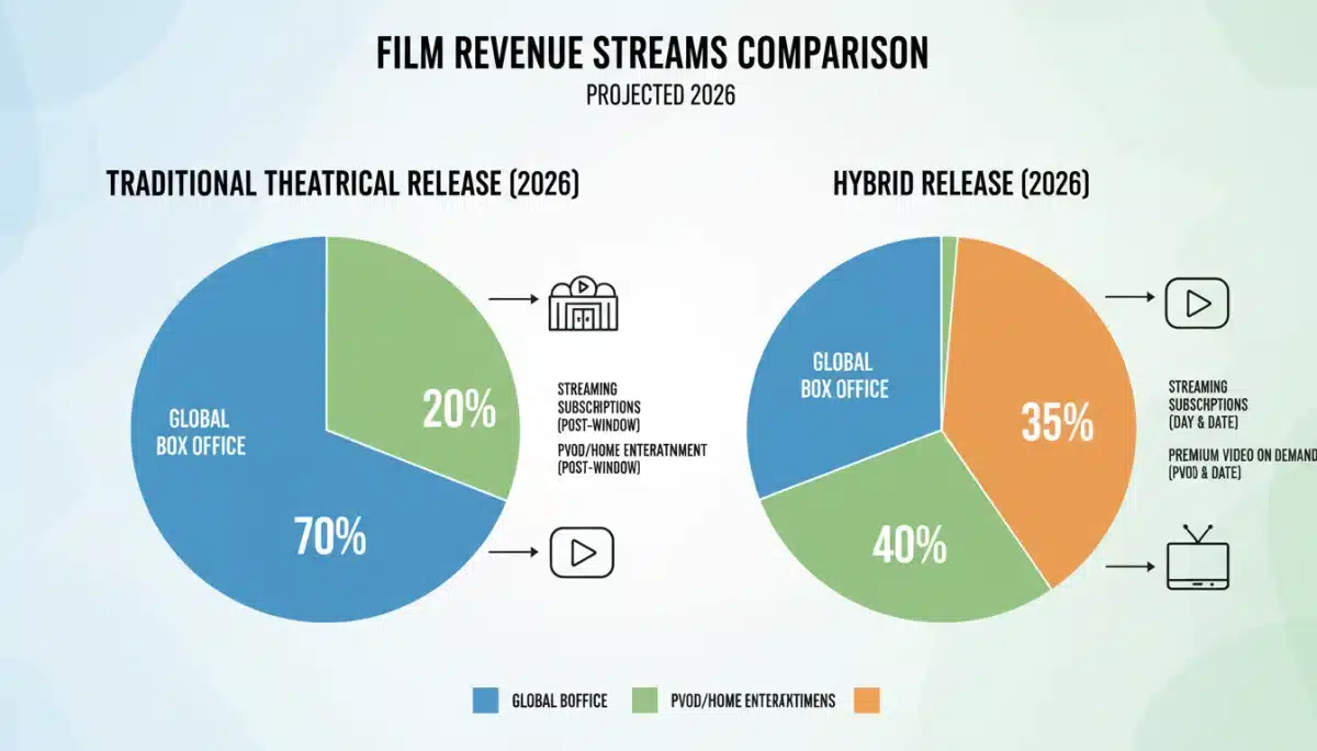 Infographic comparing revenue streams of traditional and hybrid film distribution models in 2026