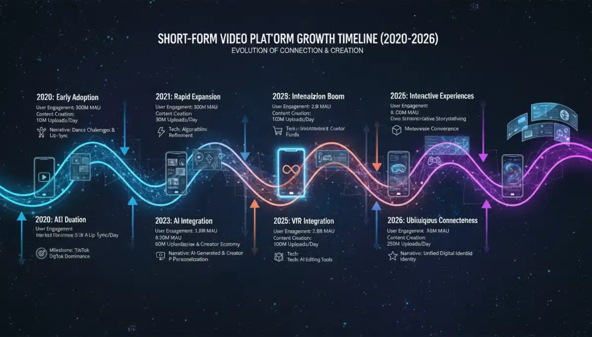 Infographic illustrating the rapid growth and evolution of short-form video platforms and their impact on storytelling from 2020 to 2026.