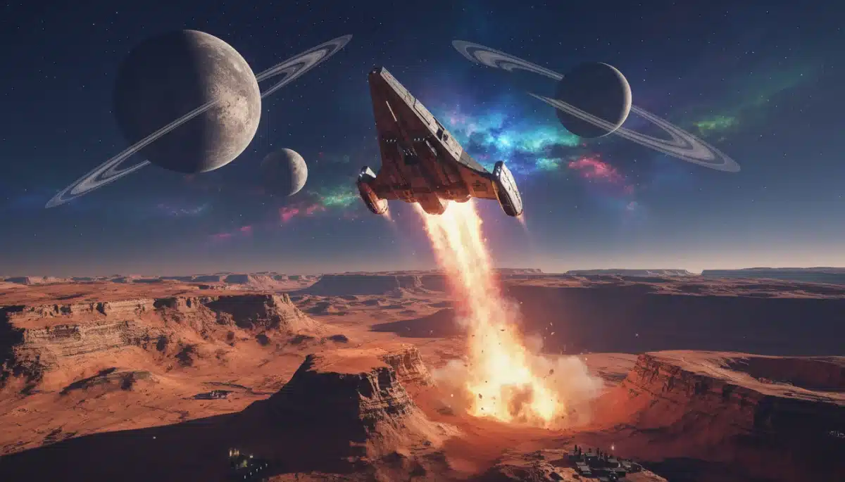 Spaceship launching from alien planet, symbolizing new sci-fi adventures