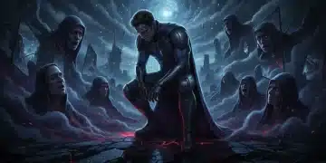 Superhero grappling with internal psychological conflict, deep thought