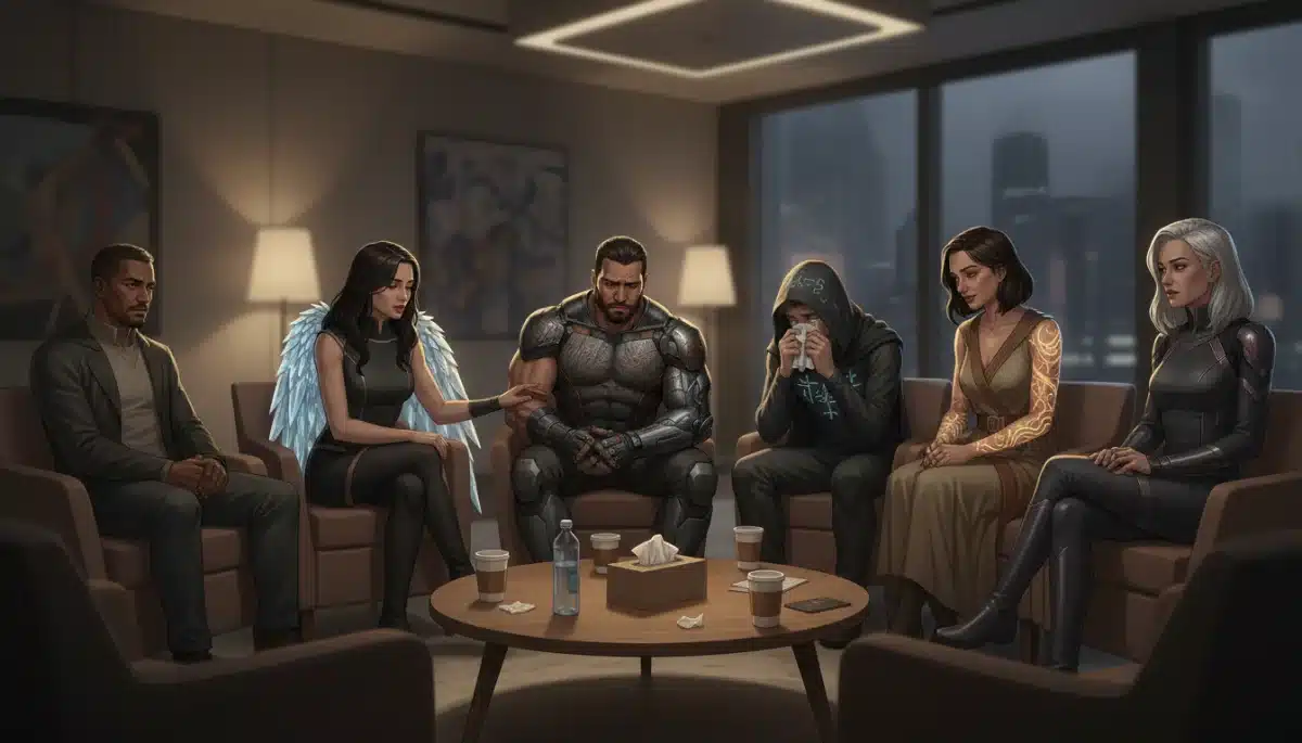 Superheroes in a support group discussing mental health