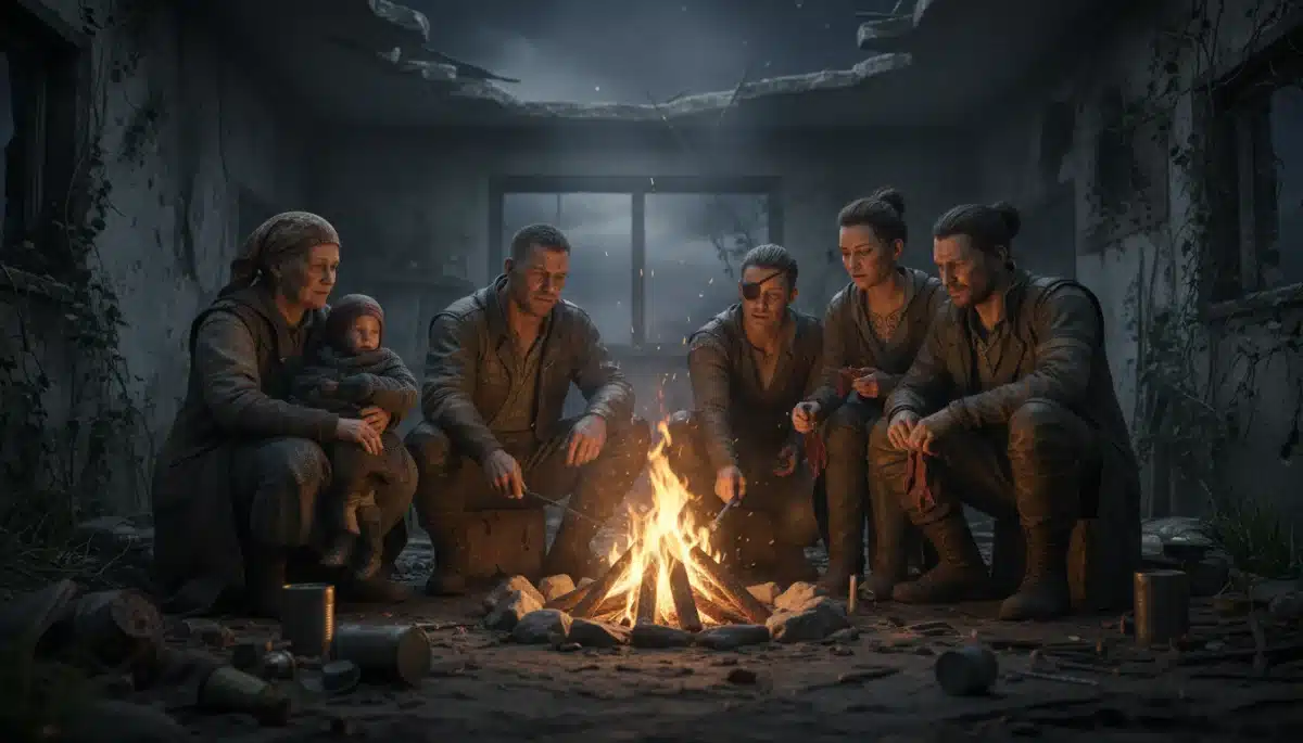 Survivors huddle around a campfire in a ruined building, depicting community in a post-apocalyptic setting.