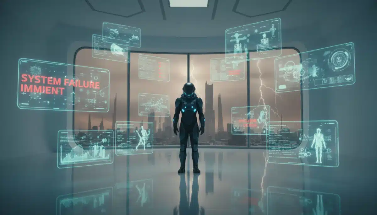 Still from a techno-dread film, showing a character surrounded by unsettling digital displays in a futuristic setting.