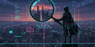 Stylized illustration of true crime's enduring appeal in 2026, shadowy figure, magnifying glass, city skyline