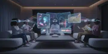 People experiencing virtual reality entertainment in a living room, showcasing immersive technology
