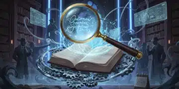 Stylized magnifying glass over book, gears, and shadowy figures symbolizing complex whodunit plots.