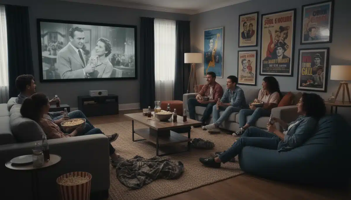 Young adults watching classic black and white film